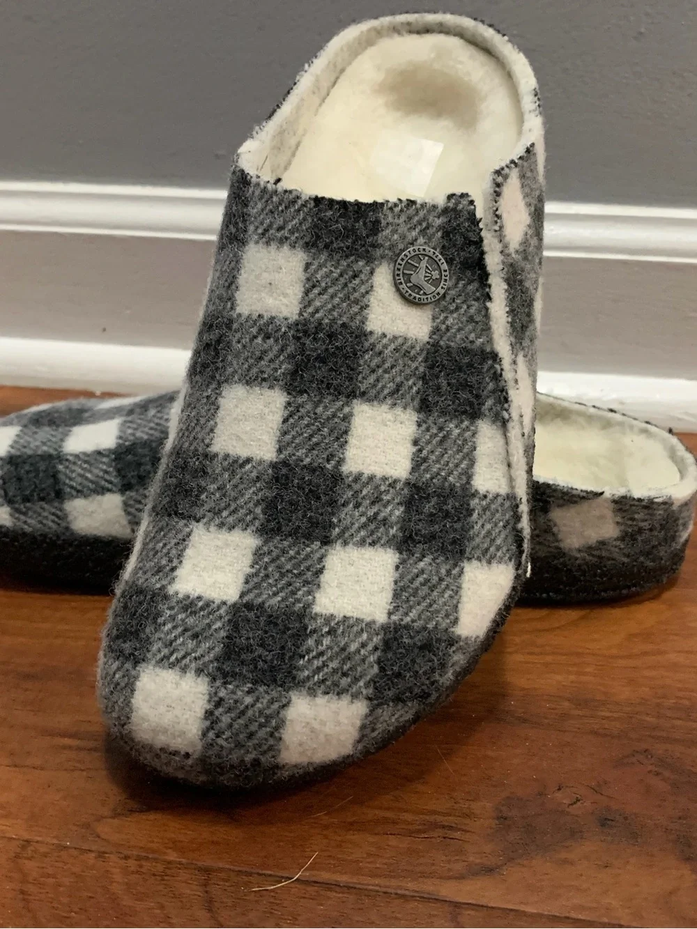 Birkenstock zermatt 34N Gray and White Plaid Wool Clog Slippers